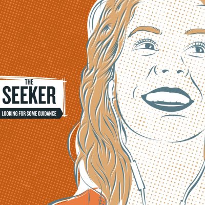 Persona hero image from our Adult Learners website. "The Seeker", woman illustrated like a comics hero.