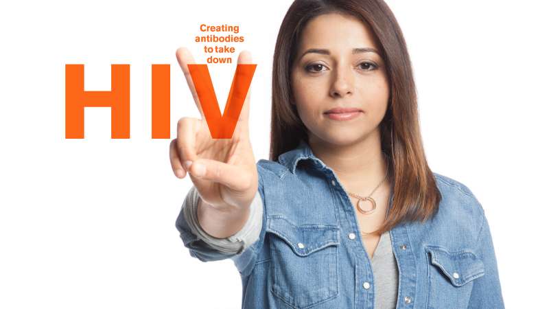Young woman holds up her hand in a V for Victory sign, superimposed over the acronym HIV
