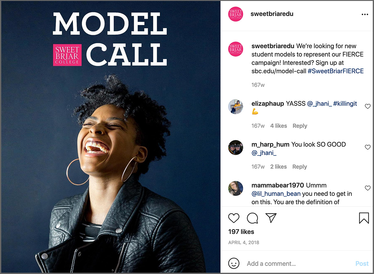 Instagram post from Sweet Briar asking for volunteer models. Subject is a black woman in a motorcycle jacket.