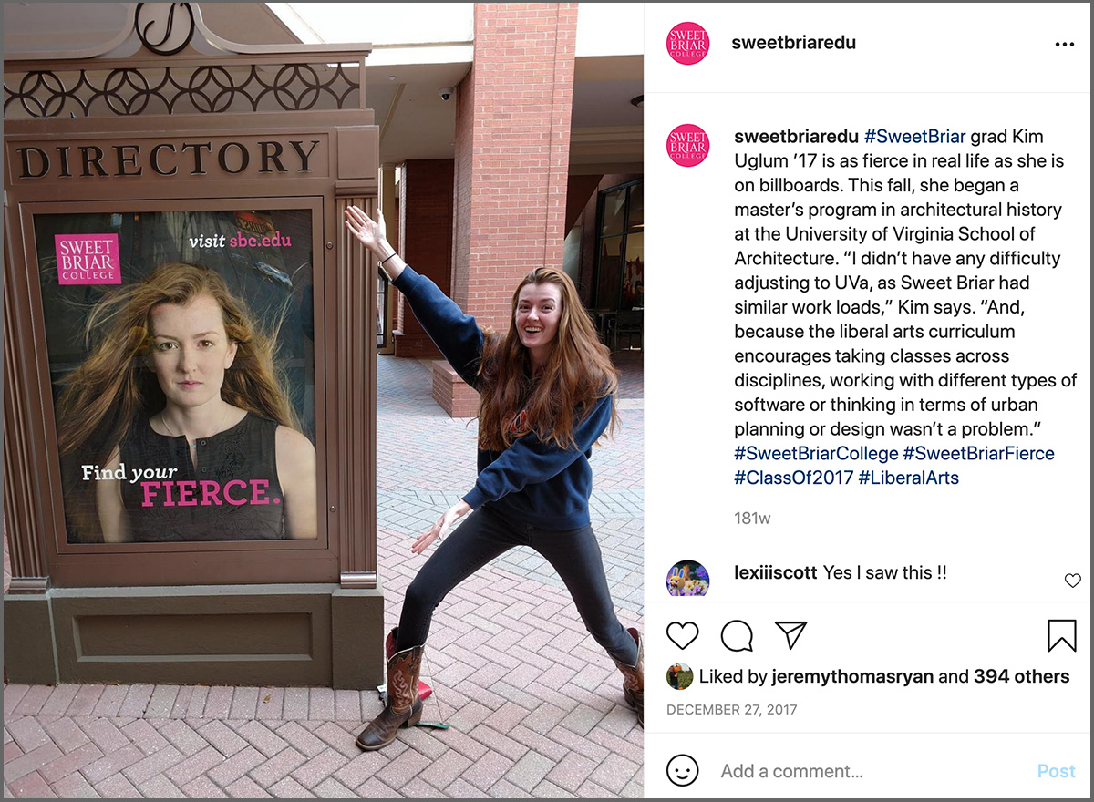Instagram screenshot. A student proudly gestures at a poster of herself with the text Find your fierce.