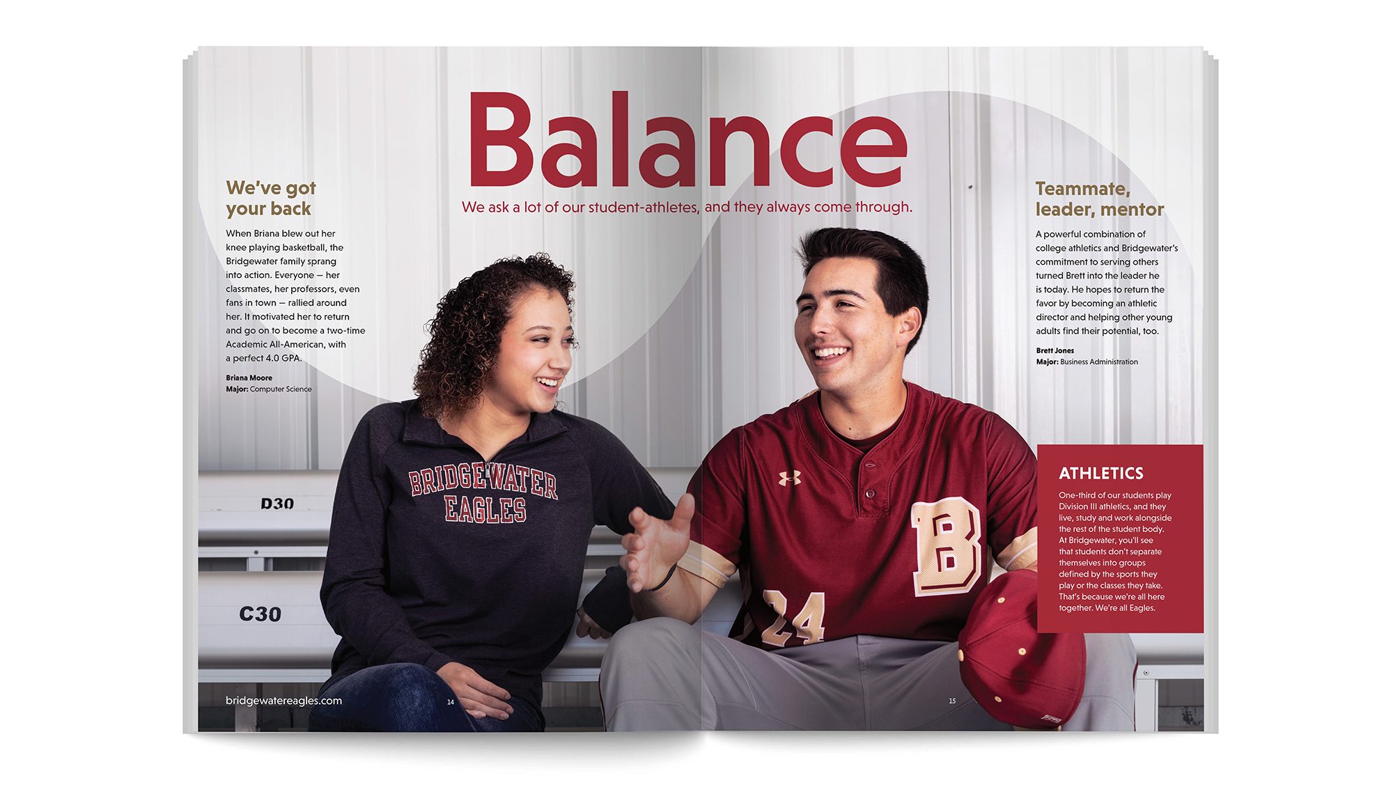 Brochure spread showing two students. Headline: Balance.