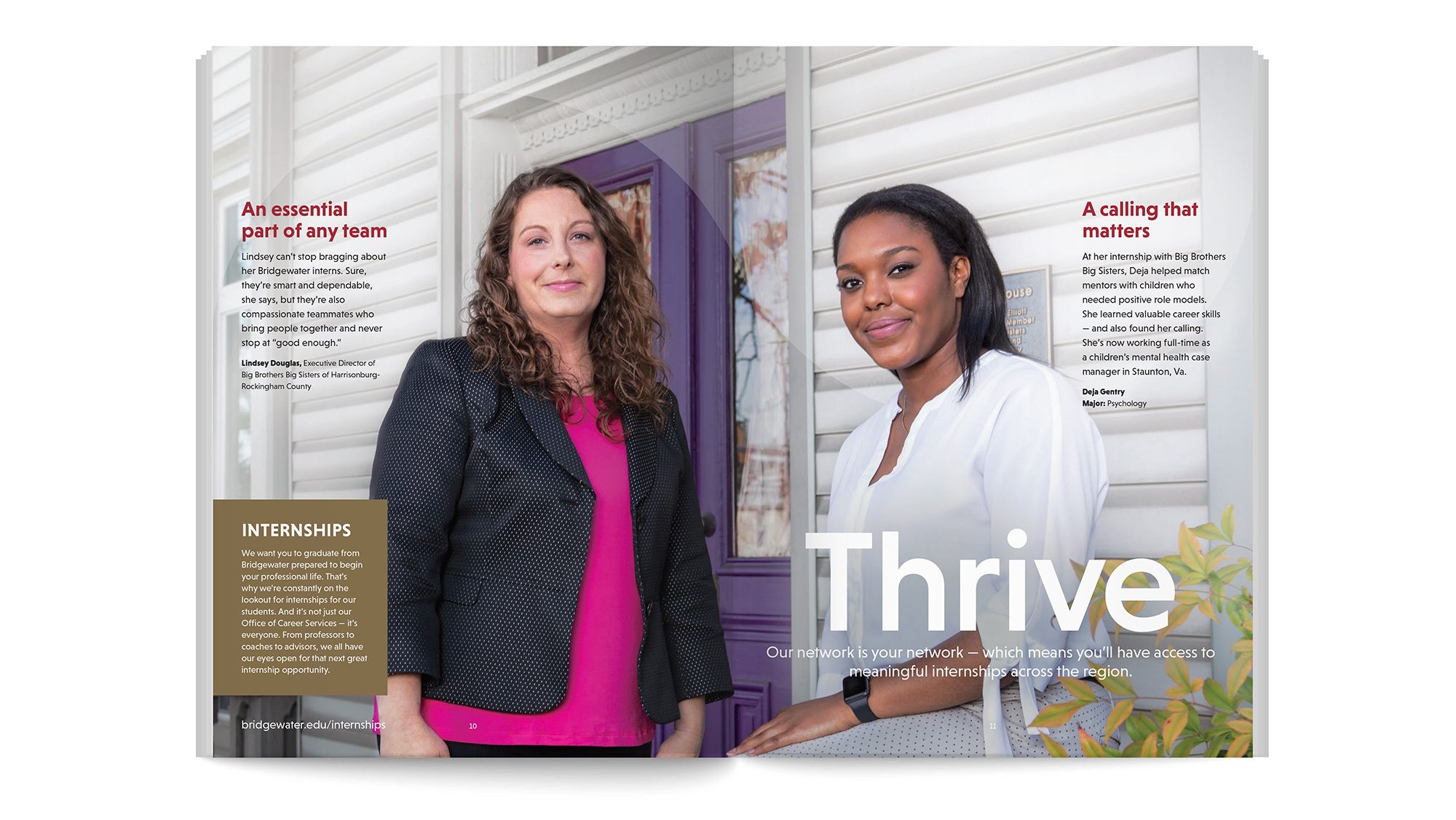 Brochure spread showing two students. Headline: Thrive.