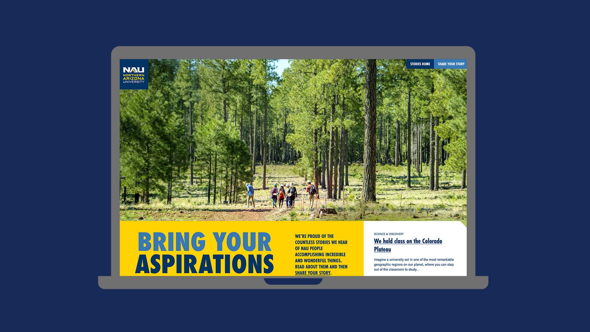 Website screenshot, shows students in a forest. Text: Bring your aspirations.
