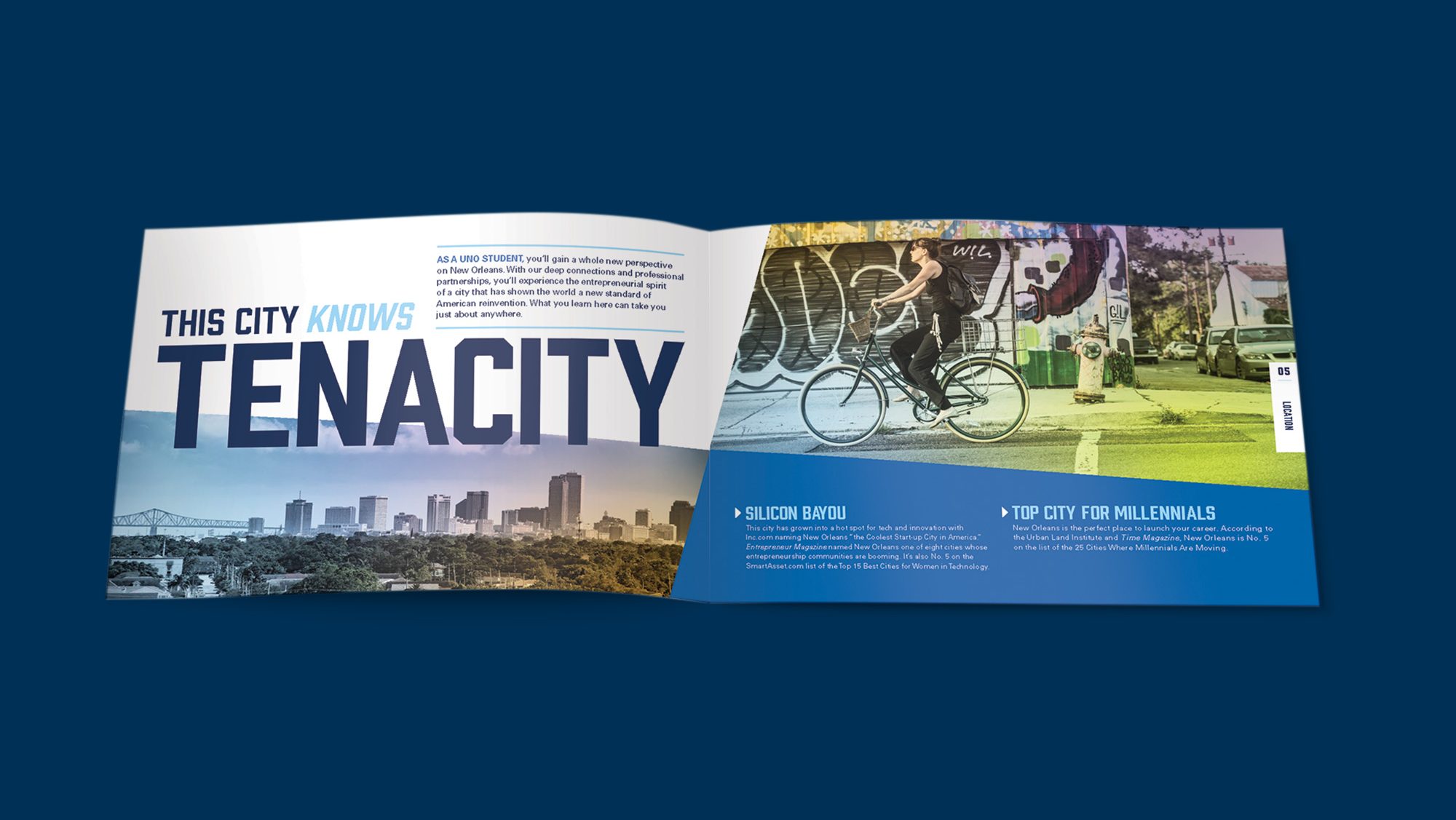Brochure spread showing a cyclist riding in New Orleans. Text: This city knows tenacity.
