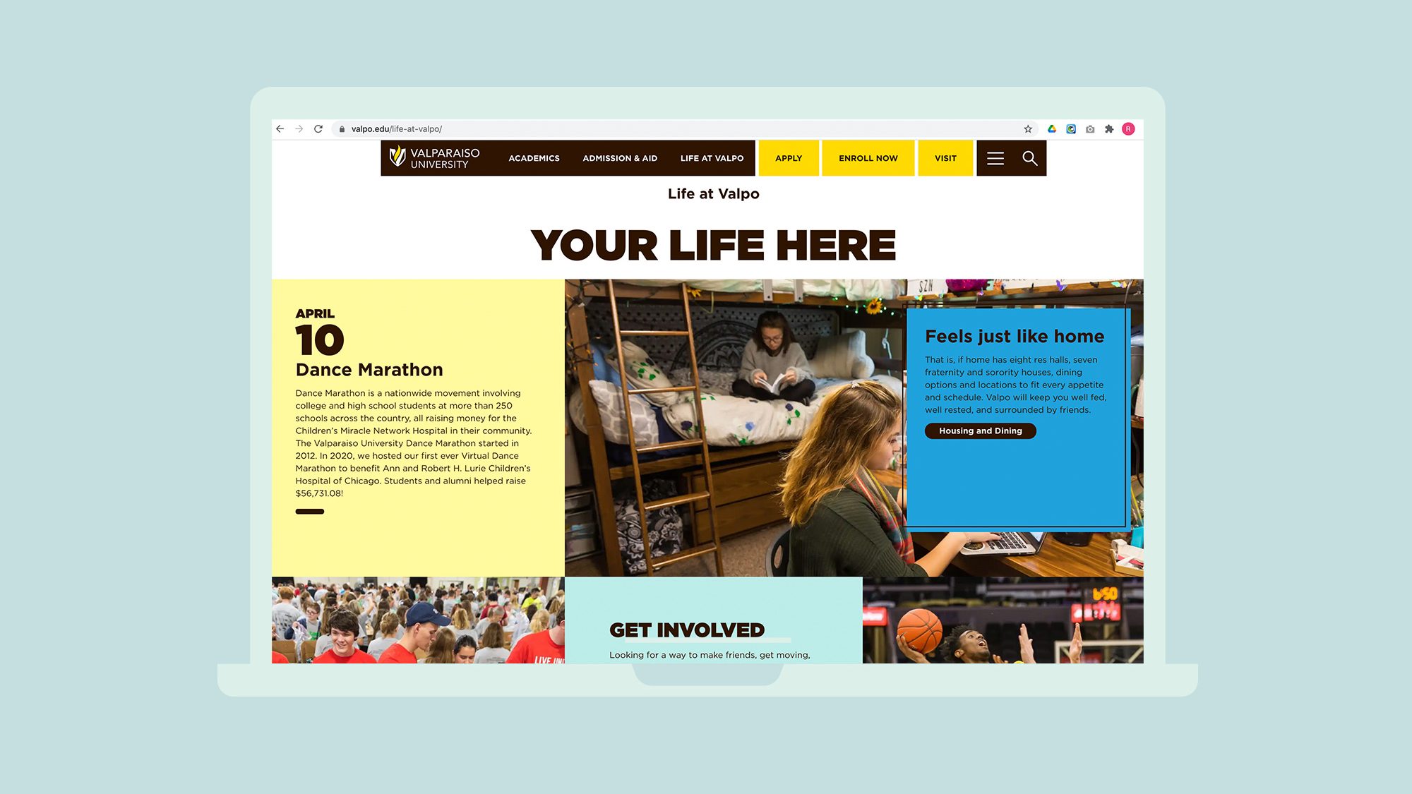 Website screenshot showing student life page.