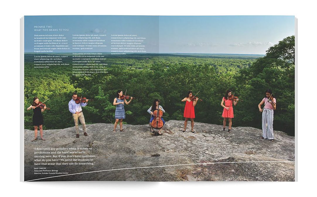 Brochure spread. Music students performing outdoors.