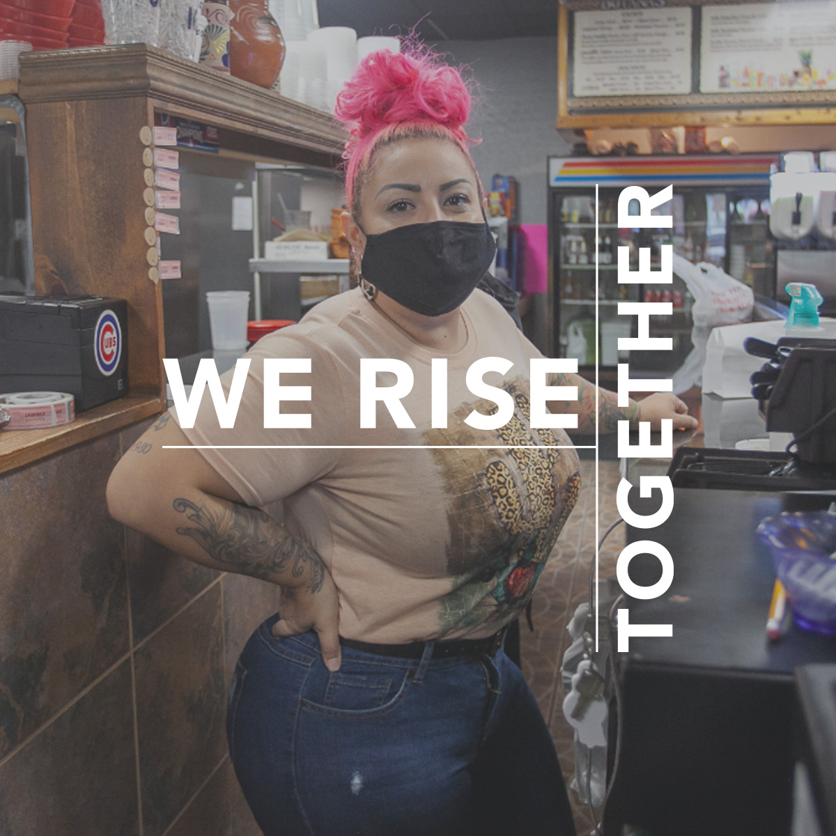 We rise together. Photo shows a woman with pink hair in a convenience store.
