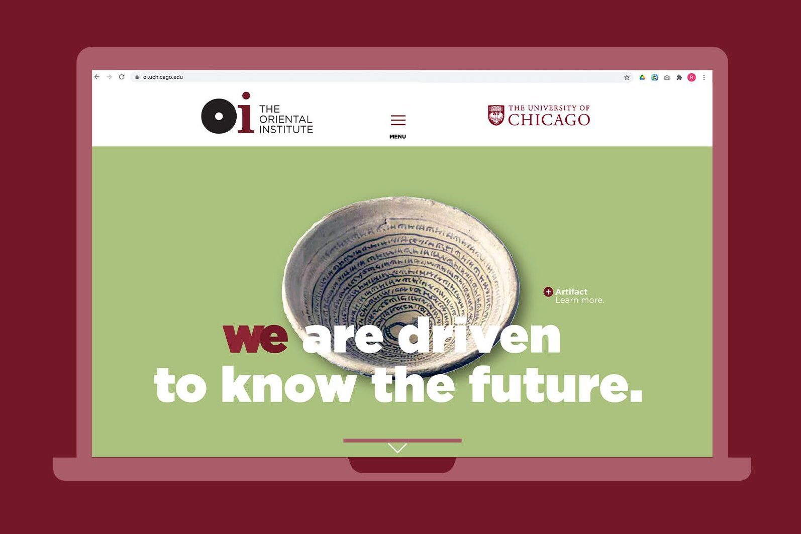 Website screenshot: shows an antique stone bowl with the text We are driven to know the future.