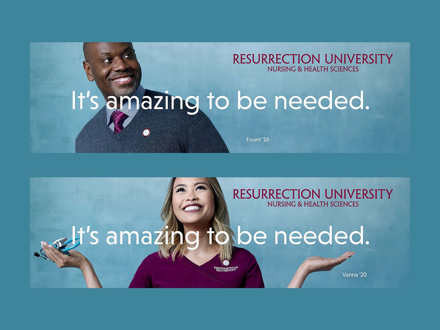 Alternate versions of It's amazing to be needed billboards. Subjects are a black man in a shirt, tie, and sweater, and an Asian woman in scrubs.