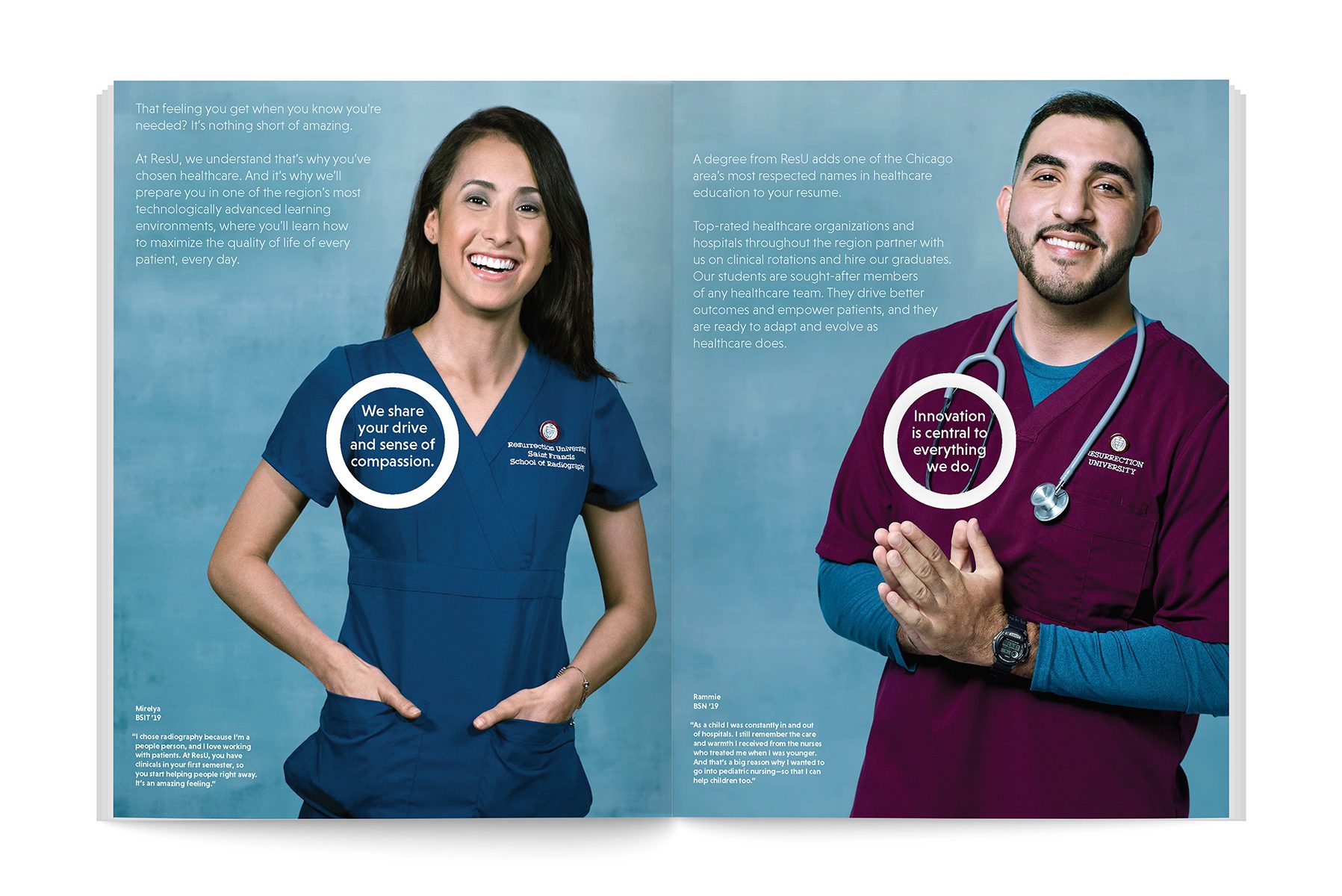 Brochure spread showing two people in nurse's scrubs.