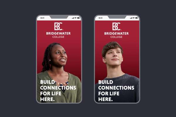 Image text: Build connections for life here. Shows two mobile phones with optimistic-looking students on screens.
