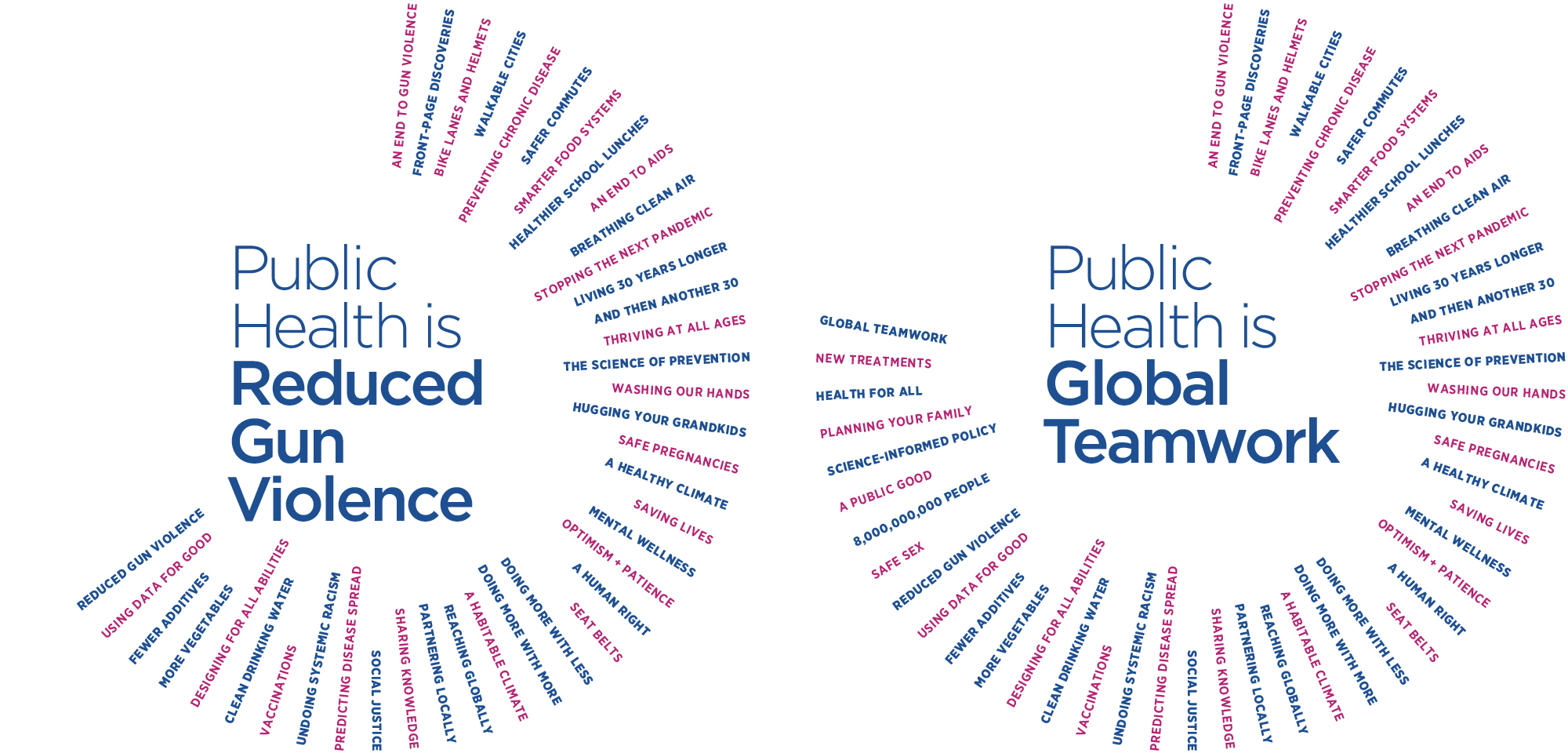 Logo build. Public Health is: 1. Reduced Gun Violence 2. Global Teamwork