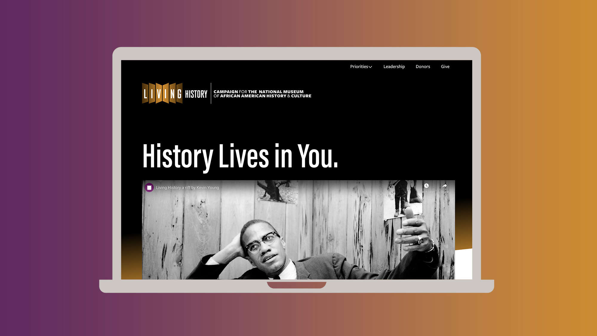 Campaign website on laptop: History Lives in You
