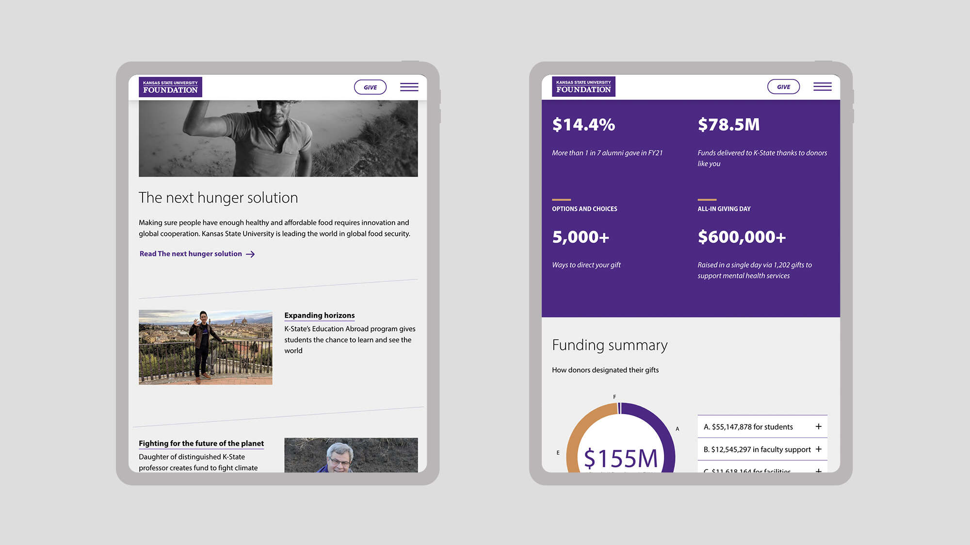 KSUF website on iPad: Hunger solution and funding summary