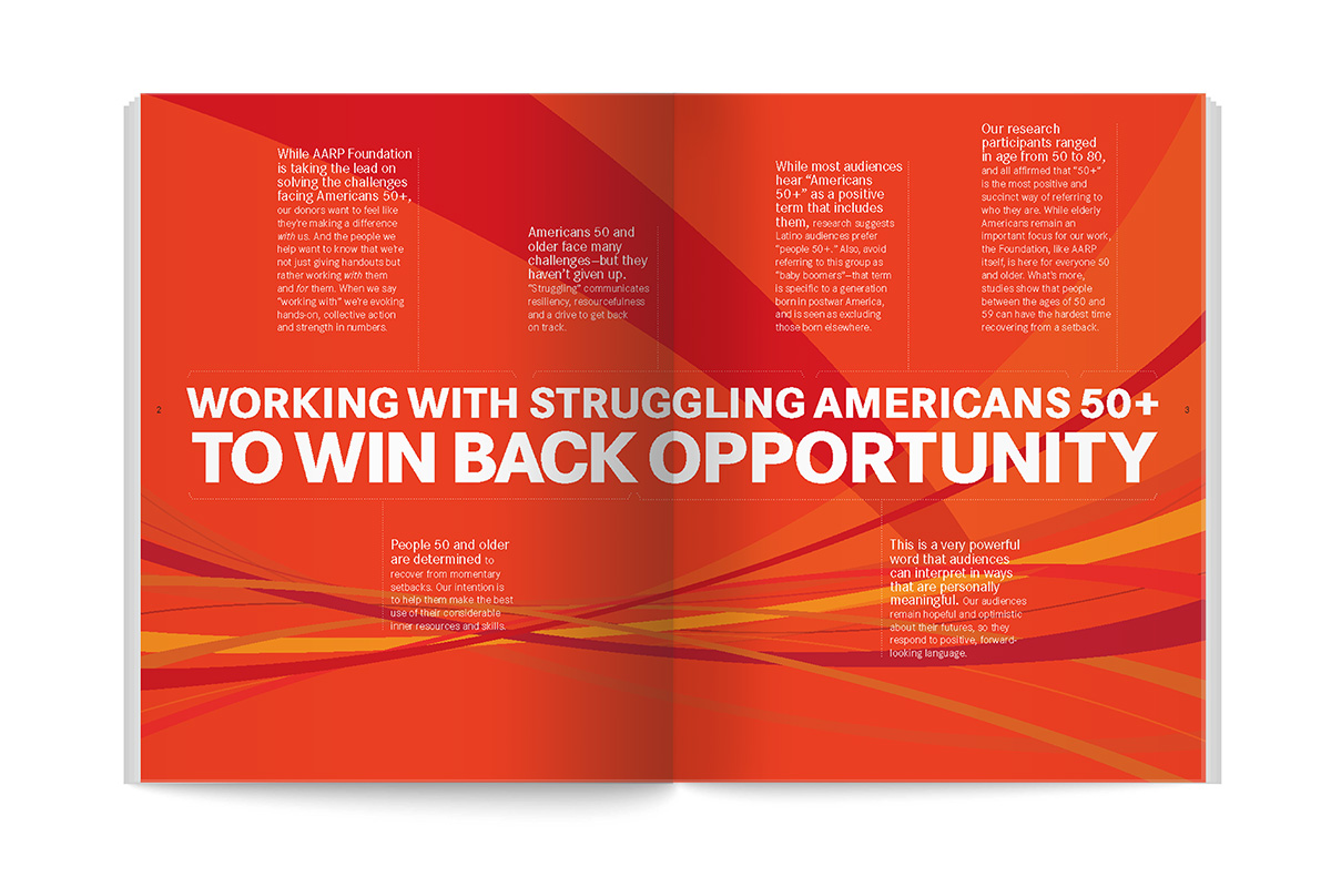 Message brochure spread - Working with Struggling Americans 50+ to Win Back Opportunity