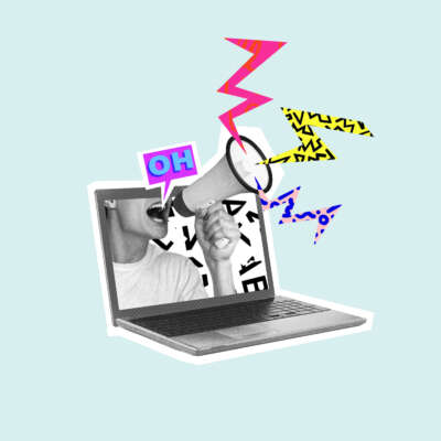 computer with graphic art image of person using a megaphone