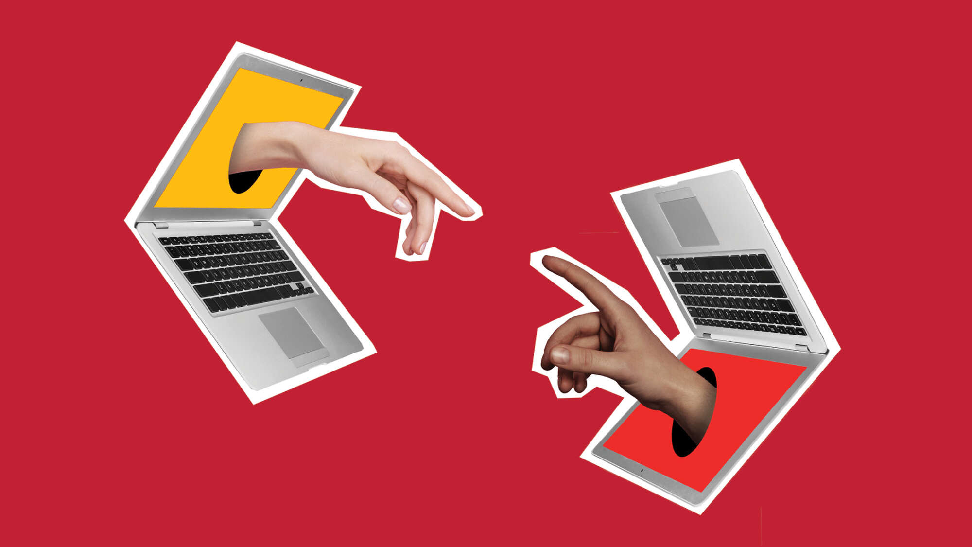 two laptop two hands reaching out of the screens toward each other