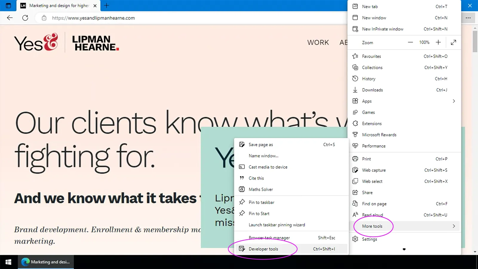 Microsoft Edge with path to Developer Tools highlighted.