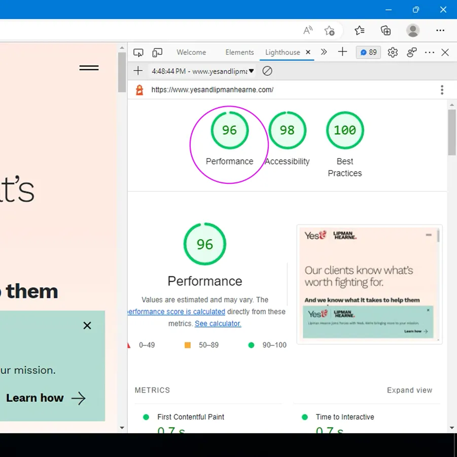 This website's Lighthouse scores. 96 performance, 98 accessibility, 100 best practices.