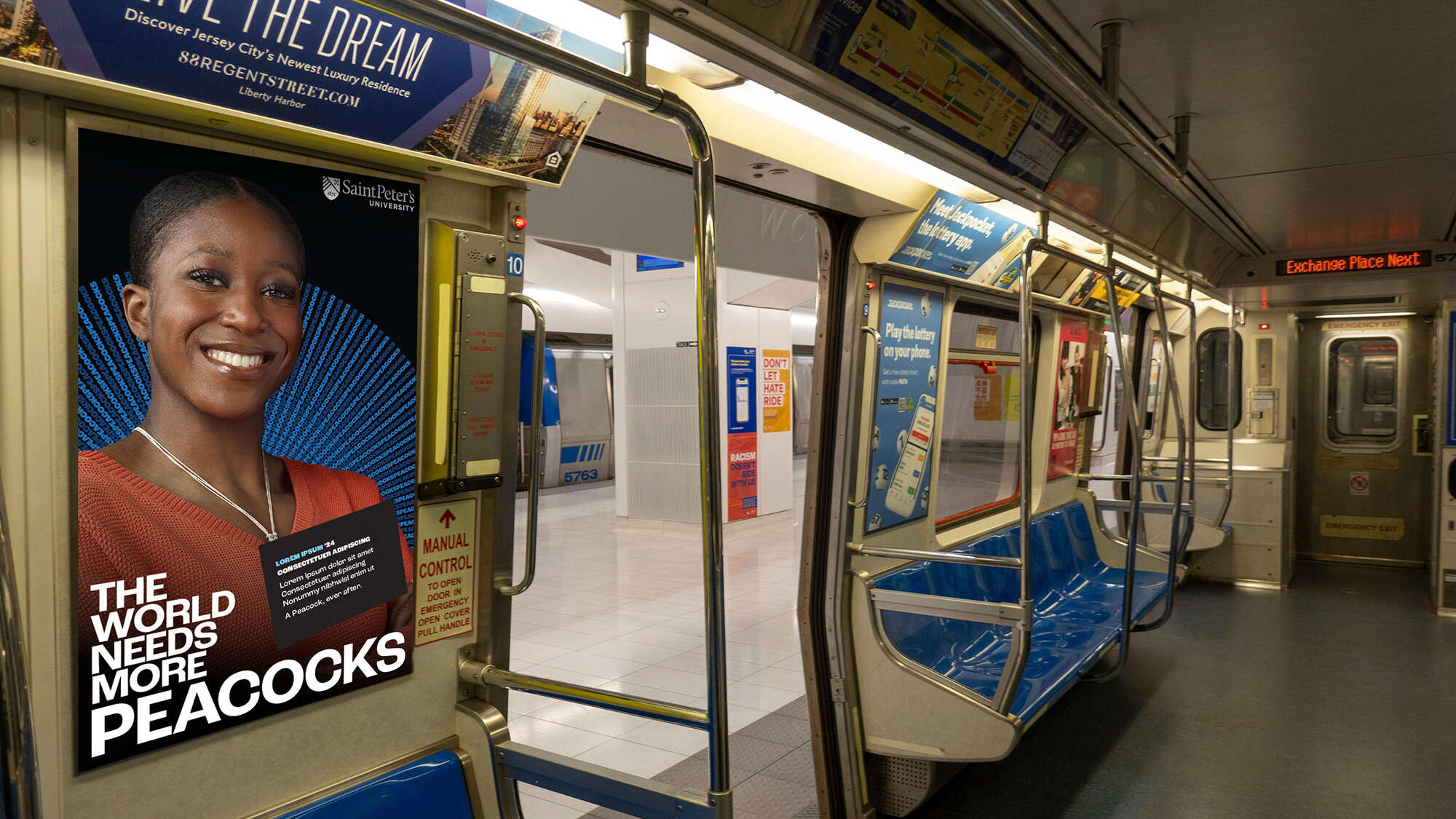 Subway car with Peacocks ad